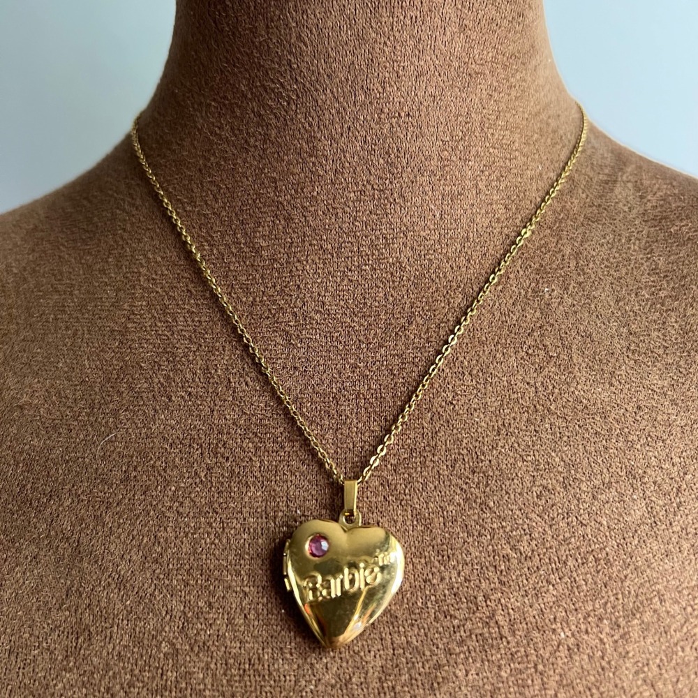 Mattel Barbie Gold Tone Heart Locket Necklace 17 Inch Pink Stone Barbiecore